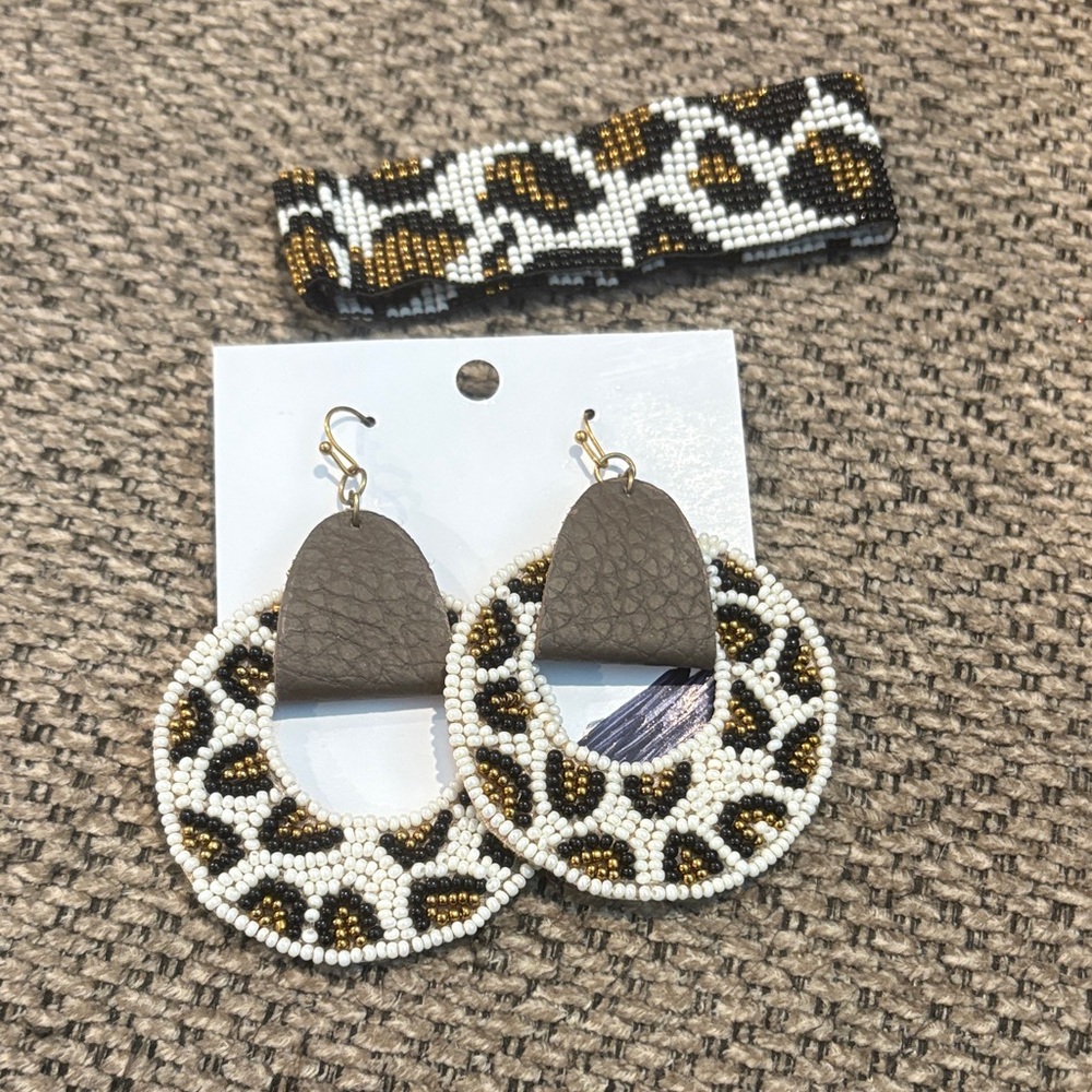 Leopard Print Beaded Earrings and Bracelet